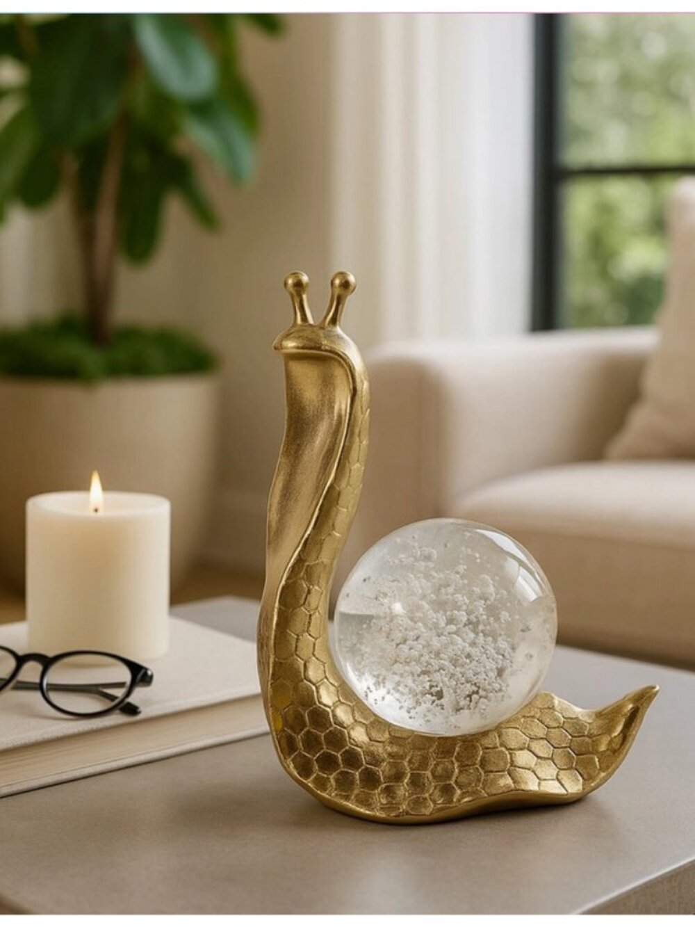 Decorative Statue – Gold Resin Snail with Glass Globe, 8 in